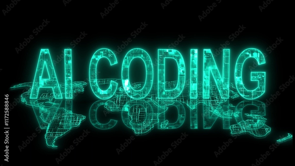 Poster 3d ai coding text technology earth map glowing cyan