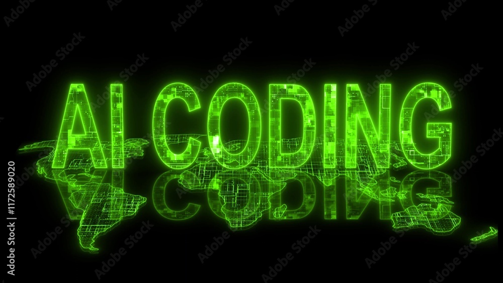 Poster 3d ai coding text technology earth map glowing green