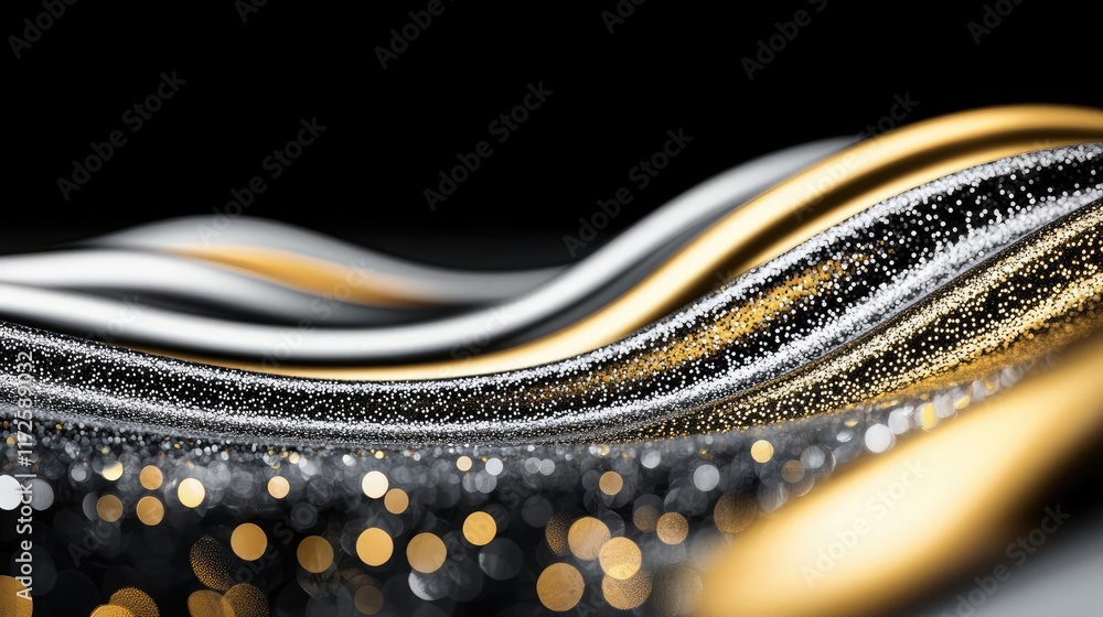 Poster glitter abstract background concept. abstract waves in black, gold, and silver create a dynamic visu