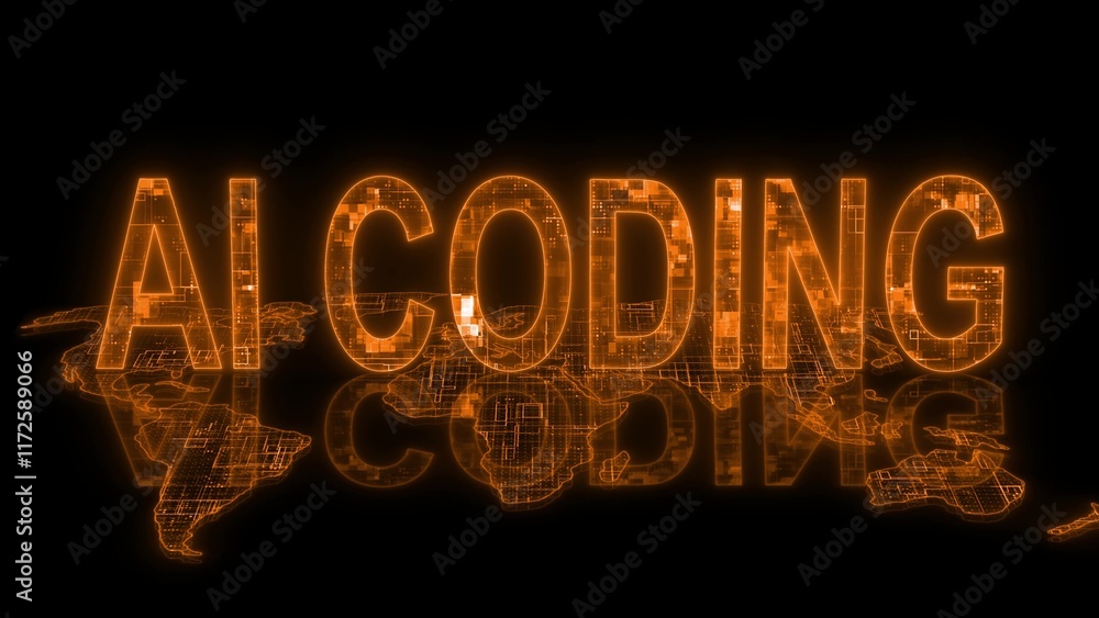 Poster 3d ai coding text technology earth map glowing orange