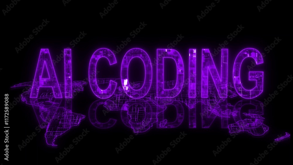 Poster 3d ai coding text technology earth map glowing purple