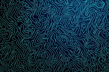 Fototapeta premium Abstract close-up of a glowing blue digital circuit board, showcasing intricate connections and technological design on a black background. 