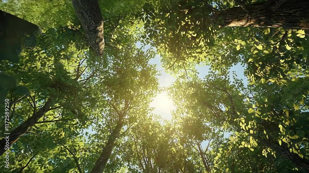 Poster bottom-up view of the trees in the forest. the sun's rays break through the dense foliage, creating 