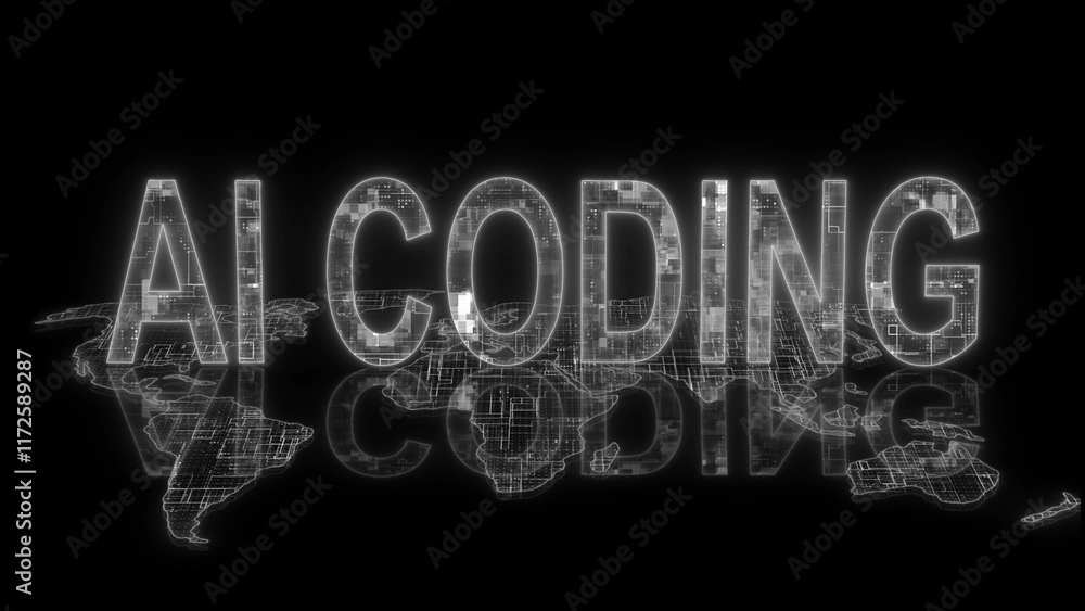 Poster 3d ai coding text technology earth map glowing white