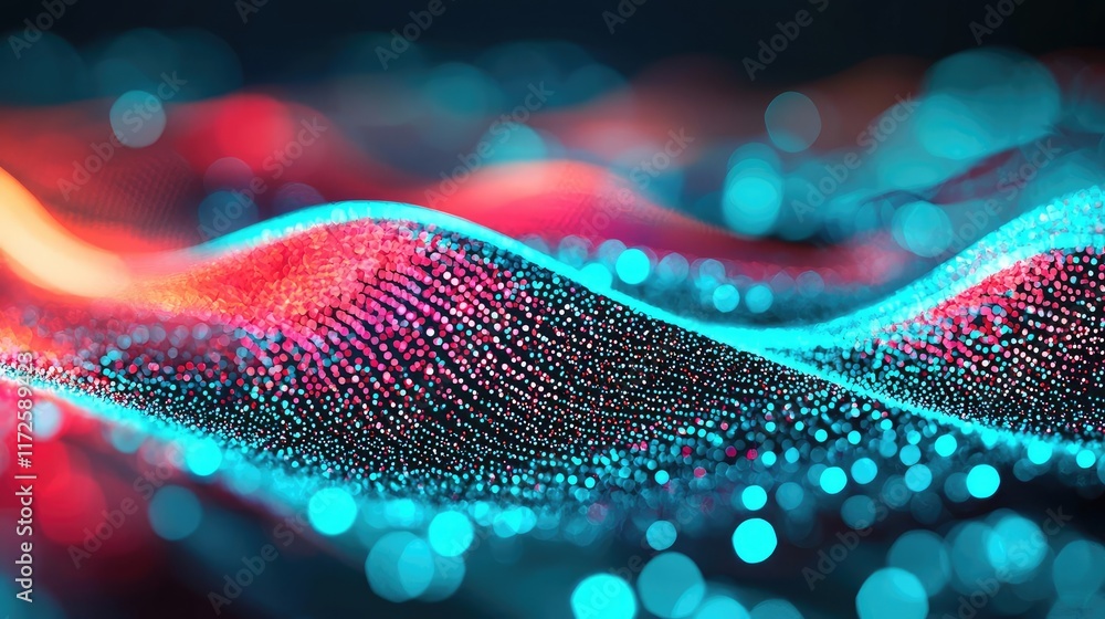 Poster Glitter abstract background concept. Abstract visualization of vibrant waves with glowing particles in dynamic motion.