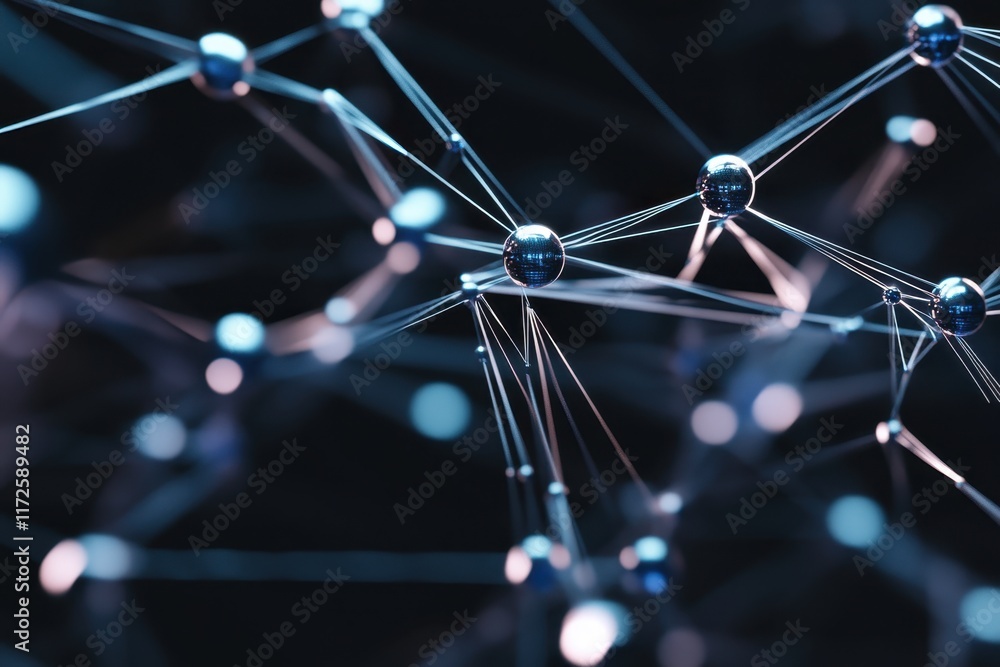 Poster network of connected particles representing molecular structure in a dark background
