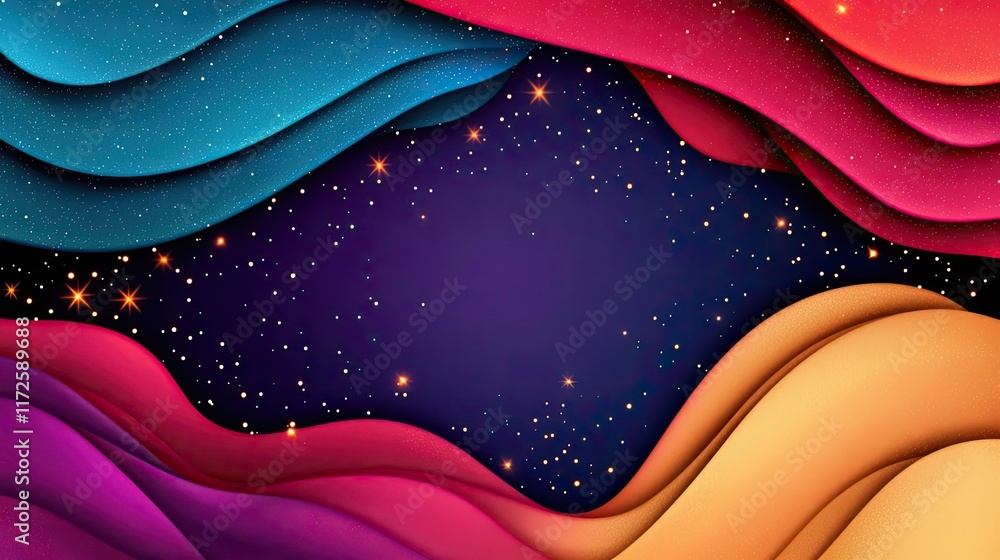 Aufkleber Glitter abstract background concept. Vibrant abstract waves create a dynamic cosmic backdrop of colors and stars.
