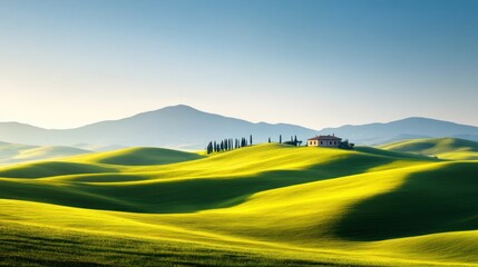 Fototapeta premium Serene landscape with rolling hills and a distant house.