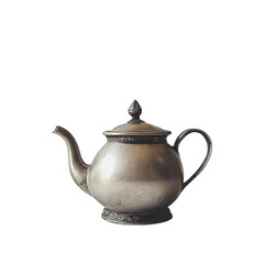 Silver Antique Teapot Kettle Vintage Kitchenware Isolated On White Background