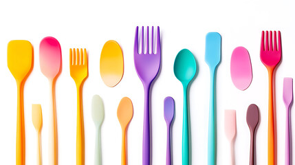 Vibrant Rainbow Colored Kitchen Utensils Collection: A Delightful Flat Lay Photography of Colorful Spatulas, Spoons, and Forks