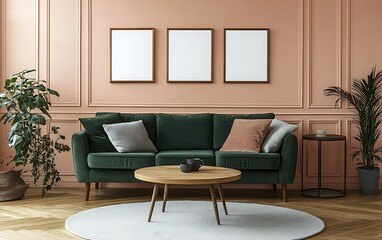 Elegant living room, green sofa, pink walls,  modern decor, home interior design.