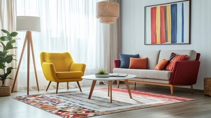 Fototapeta premium Generative AI, Mid-century modern living room with vibrant accents