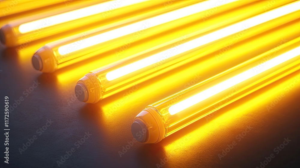 Poster neon abstract background idea. bright yellow led tubes illuminating a modern workspace with vibrant 