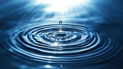 Water droplet impacting still surface, creating concentric ripples and light reflections.
