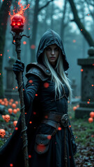 Naklejka premium Hooded woman with features holding skull staff, cemetery in background