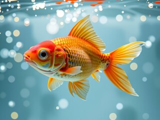 Fototapeta premium Vibrant Orange Goldfish Swimming in Aqua Underwater Closeup Aquatic Life