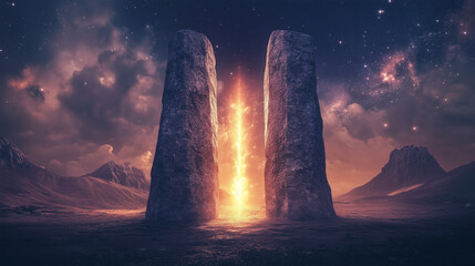 Abstract Portal Stone Gate with Neon Glow in a Cosmic Rocky Landscape - Spectral Light Effect