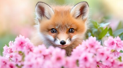 Obraz premium Adorable baby fox peeking out from behind a pink flower bouquet.