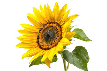 Obraz premium A vibrant sunflower with bright yellow petals and a dark center, accompanied by green leaves.