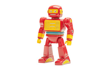 Fototapeta premium A colorful vintage robot toy featuring bright red and yellow colors with a classic design, standing upright with a cheerful expression.