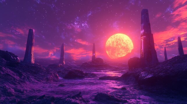 Synthwave-inspired landscape with alien forms, luminous orange and purple tones, and a retro grid