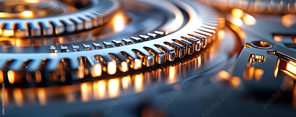 Poster metallic abstract background concept. close-up of intricate gears with shiny metallic surfaces and w