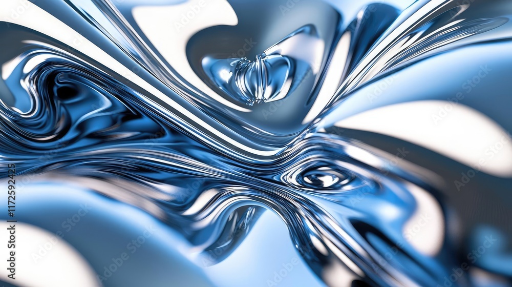 Poster Metallic abstract background concept. Abstract metallic texture with smooth reflective waves and fluid shapes in blue tones.