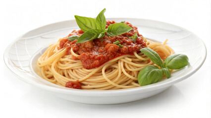 Spaghetti with Tomato Sauce and Fresh Basil - Tasty spaghetti topped with rich tomato sauce, garnished with vibrant fresh basil leaves, served on a white, elegant plate.