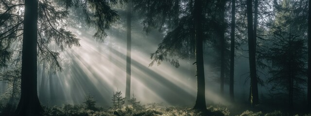 An enchanting shot of a dense forest blanketed in morning fog, with rays of sunlight piercing through the trees, Foggy forest scene