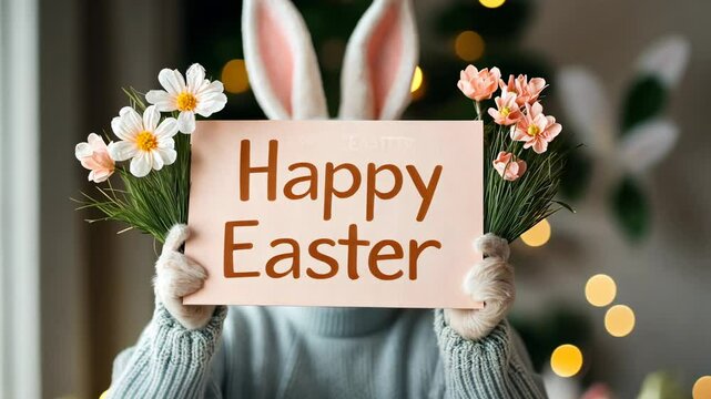 Celebrating Easter with a cheerful bunny holding flowers and a festive sign. A joyful rabbit, complete with floppy ears, stands in a cozy setting, holding a sign that says Happy Easter