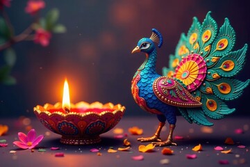 Obraz premium Ornate diya and vibrant peacock, Happy Diwali greeting , spiritual, diya