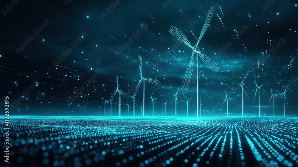 Poster futuristic abstract background featuring wind turbines and green energy concepts with glowing partic