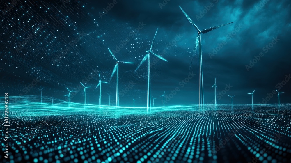 Poster abstract futuristic landscape featuring green energy wind turbines in a digital environment with glo
