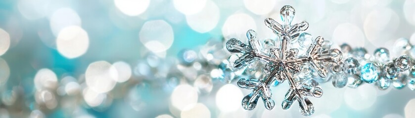 Fototapeta premium Winter wonderland snowflake close-up abstract background shimmering bokeh magical atmosphere