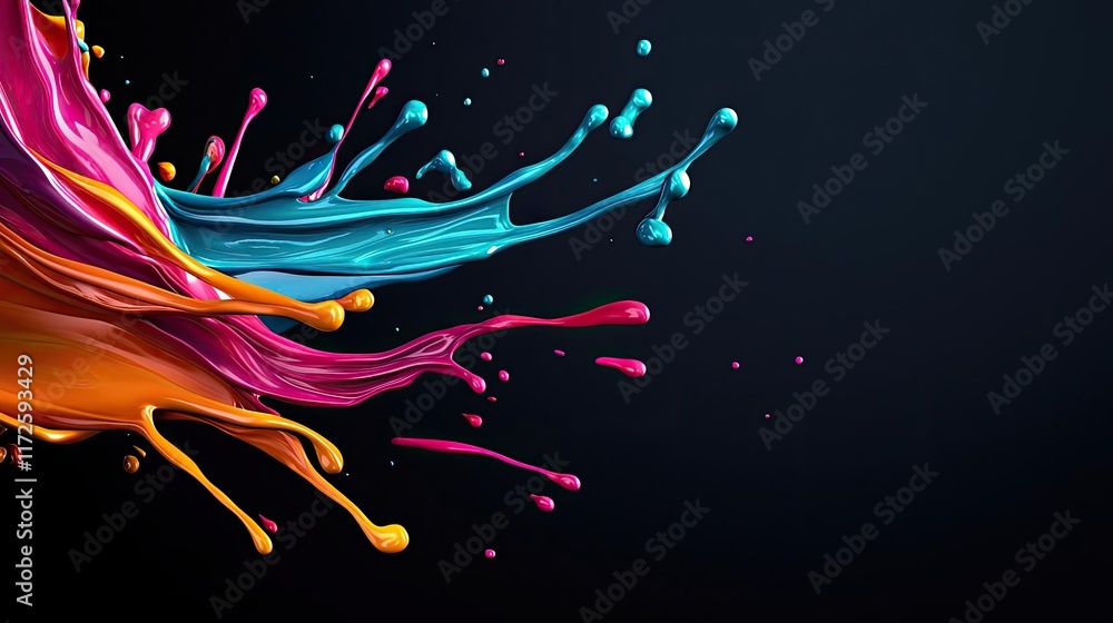 Poster splash abstract background concept. colorful paint splashes dynamic design on a dark background for 