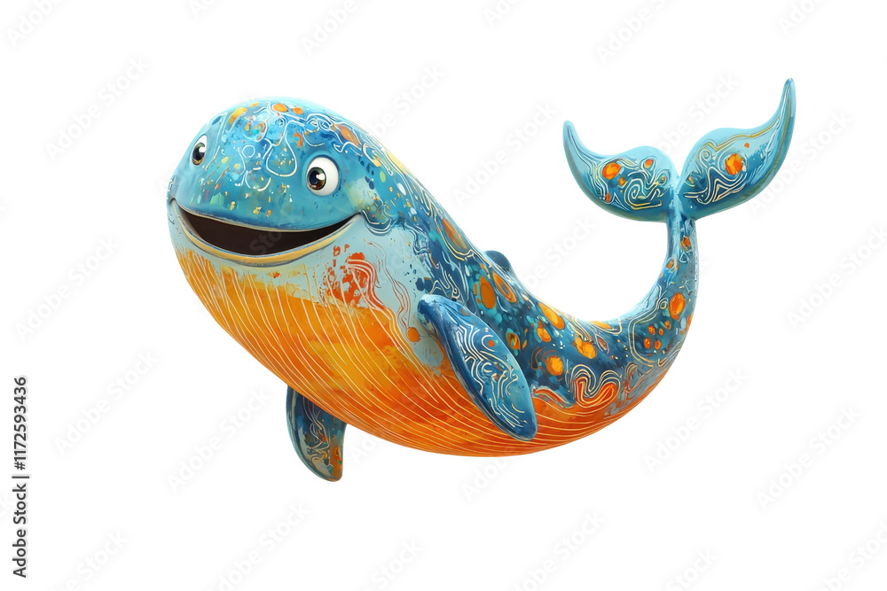Poster a colorful, cartoonish whale with a smiling expression and detailed patterns on its body.