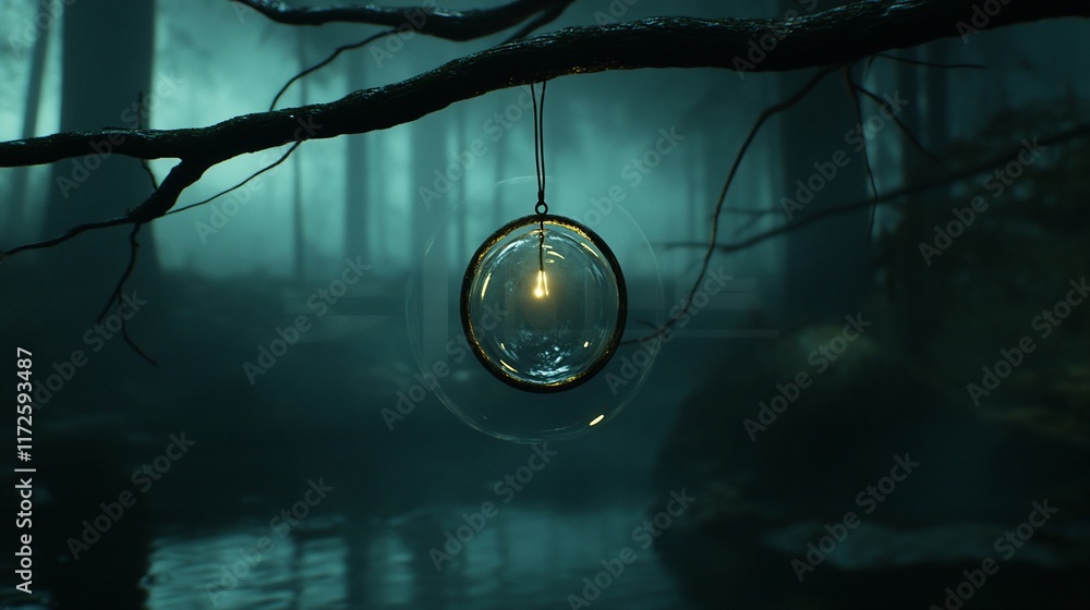 Poster glowing orb hanging from tree branch in misty forest.