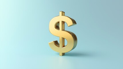 Obraz premium Golden dollar sign in a sleek 3D design with sharp edges, placed on a gradient pastel background transitioning from light blue to white