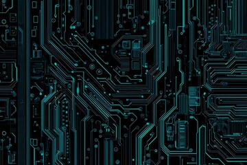 Abstract close-up of a glowing blue digital circuit board, showcasing intricate connections and technological design on a black background.
