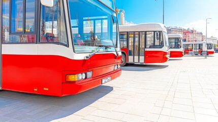 Naklejka premium Classic red and white bus parked on bustling city street, nostalgic urban transportation scene