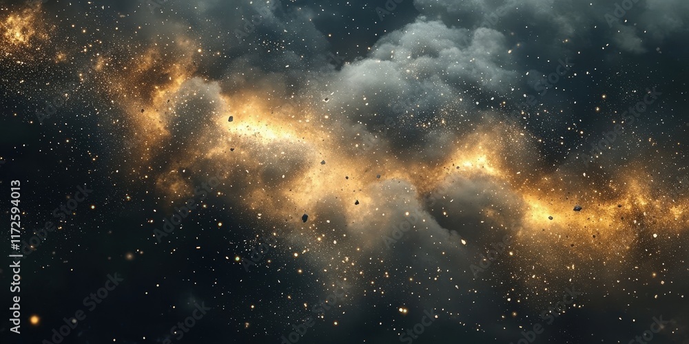 Poster dramatic abstract illustration of an explosive natural disaster in space with fiery elements and exp