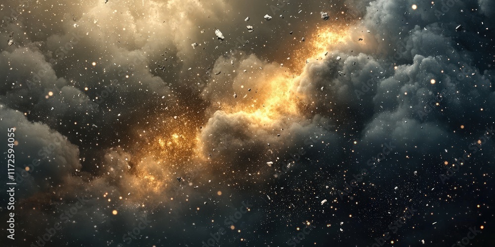 Poster abstract illustration of an explosive natural disaster with dramatic clouds and fiery elements in a 