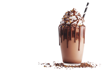 A creamy chocolate milkshake topped with whipped cream and chocolate drizzle, served in a tall glass with a straw.