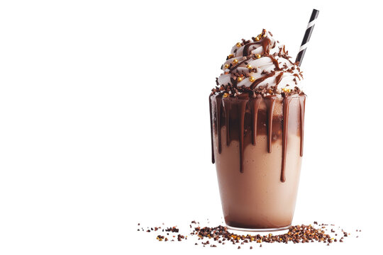 A creamy chocolate milkshake topped with whipped cream and chocolate drizzle, served in a tall glass with a straw.