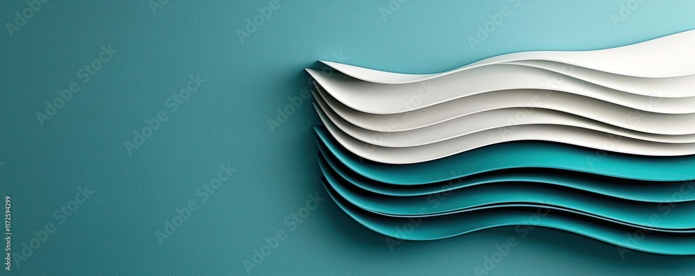 Poster Waves abstract background idea. Dynamic layered paper waves in soothing turquoise hues, perfect for modern design projects.