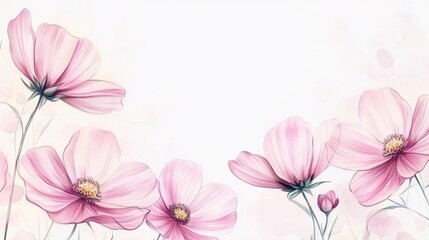 Fototapeta premium Watercolor Illustration set of Pink cosmos flowers on a white background,spring summer nature,Vibrant pink cosmos blooming,Children's card,banner,raindrops drawn by hand.