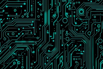 Abstract close-up of a glowing blue digital circuit board, showcasing intricate connections and technological design on a black background.
