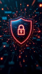 Cyber ​​security, shield and lock of digital lines and codes on network background.
