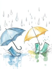 Doodle of playful rain scene with umbrellas and colorful boots splashing in puddles on a rainy day. Generative AI