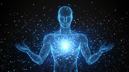 Glowing blue digital human body model isolated on a black background